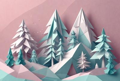 The primary subject of the image is a snowy mountain landscape with a forest of trees. The setting is a wintery environment with snow-covered trees and a pink background. The visual style is a digital art or illustration, creating a realistic and detailed representation of the scene. The colors and mood are predominantly cold and serene, with the snowy landscape and trees creating a sense of tranquility and beauty.